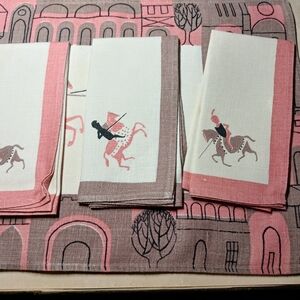 Elegant Equestrian Dining Table Linens Set - Pink and Brown